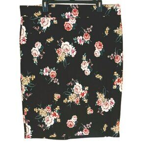 Torrid Black Floral Pencil Skirt 2 Pink Flowers Back Slit Elastic Waist